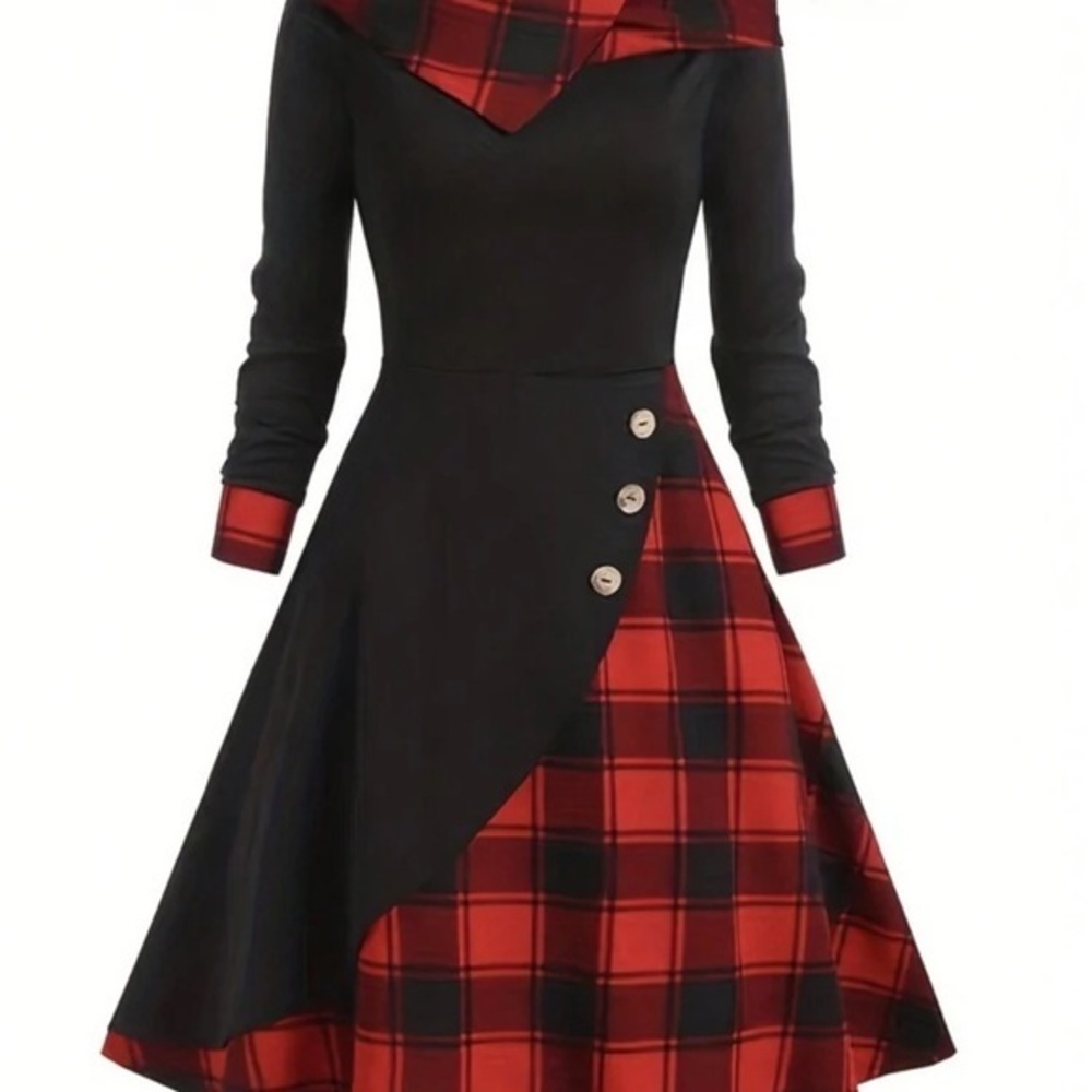Elegant Black and Red Plaid Dress